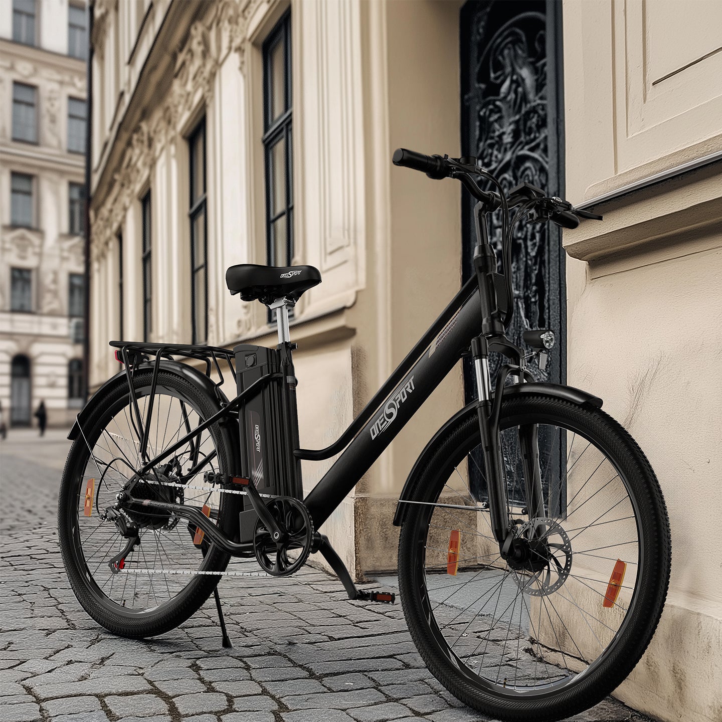 Onesport OT18 black e-bike parked in front of a building