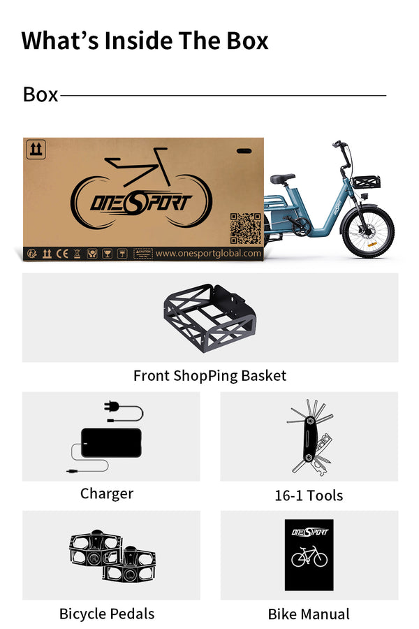 what's inside the onesport box, front shopping basket, charger, 16-1 tools, bicycle pedals, bike manual