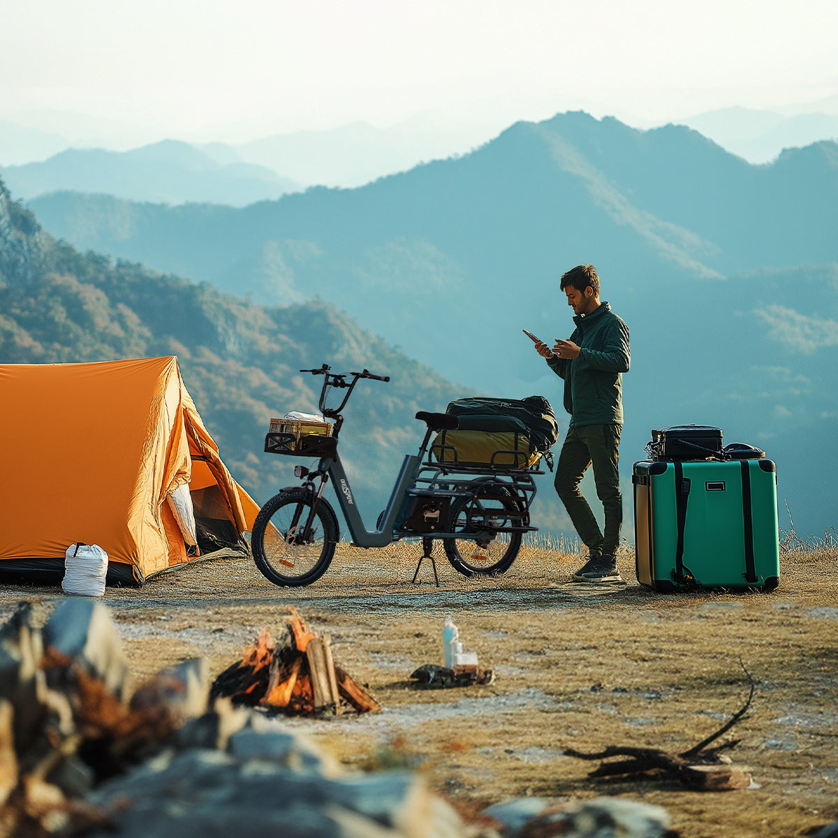 A man took a Onesport OT01 long-tail cargo electric bike to the mountains for camping. He stood next to the long-tail cargo electric bike with his luggage on it. He was surrounded by a camping tent and a bonfire.