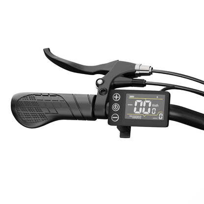 An LCD display on the handlebar of the electric bicycle