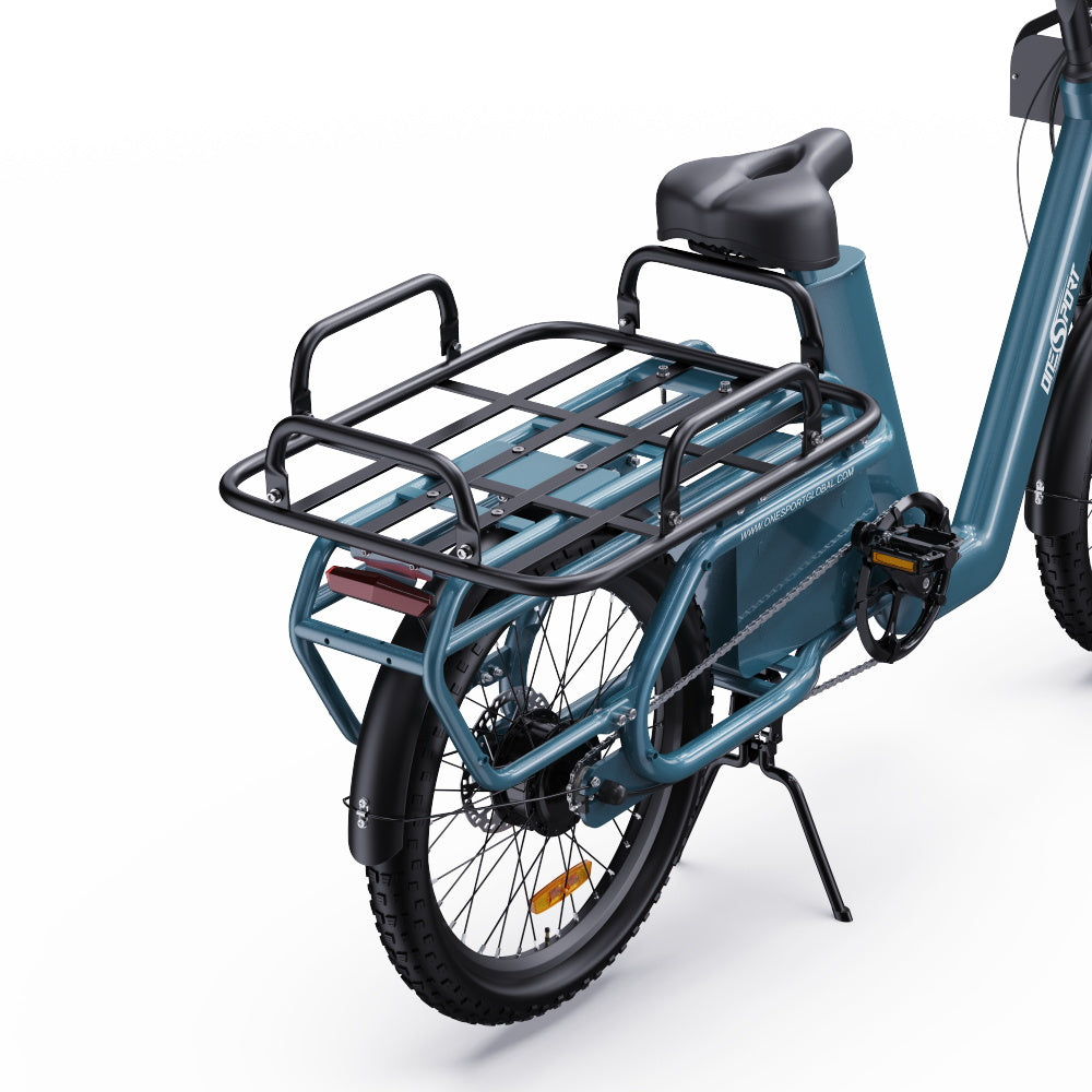 Onesport OT01 long-tail cargo e-bike with a black removable cargo rear rack, making it carry more items.