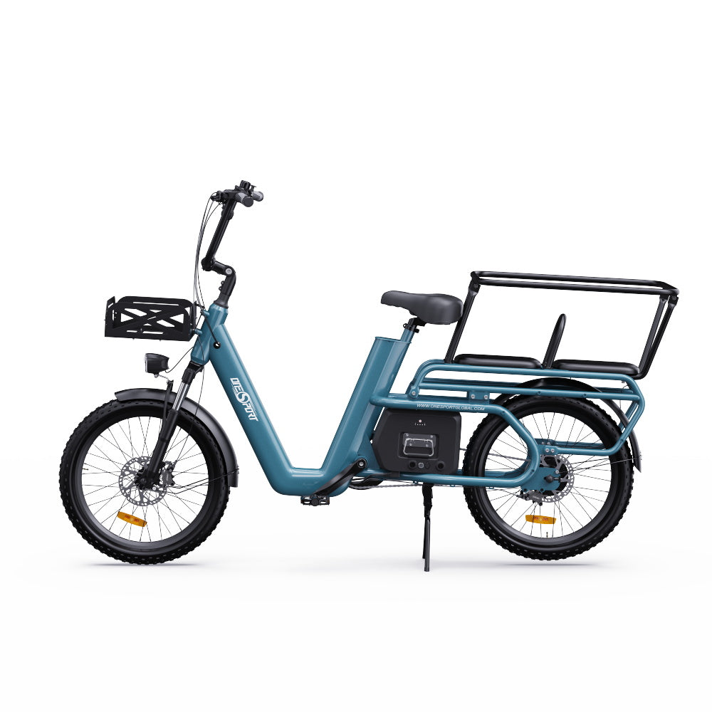 Onesport OT01 aluminum alloy cargo e-bike with a children rear seat, IPX5, 25km/h speed, 500W motor, and maximum load capacity of 150kg.