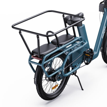 OT01 long-tail cargo e-bike with a children rear seat, 48V 27Ah battery, aluminum alloy, IPX5, 100km range, and front and rear iron fenders.