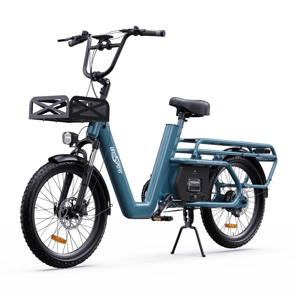 Onesport OT01 aluminum alloy frame provides lightweight durability, IPX5 water resistance protects components, and disc oil brakes ensure reliable stopping power on the OneSport OT01 cargo e-bike.