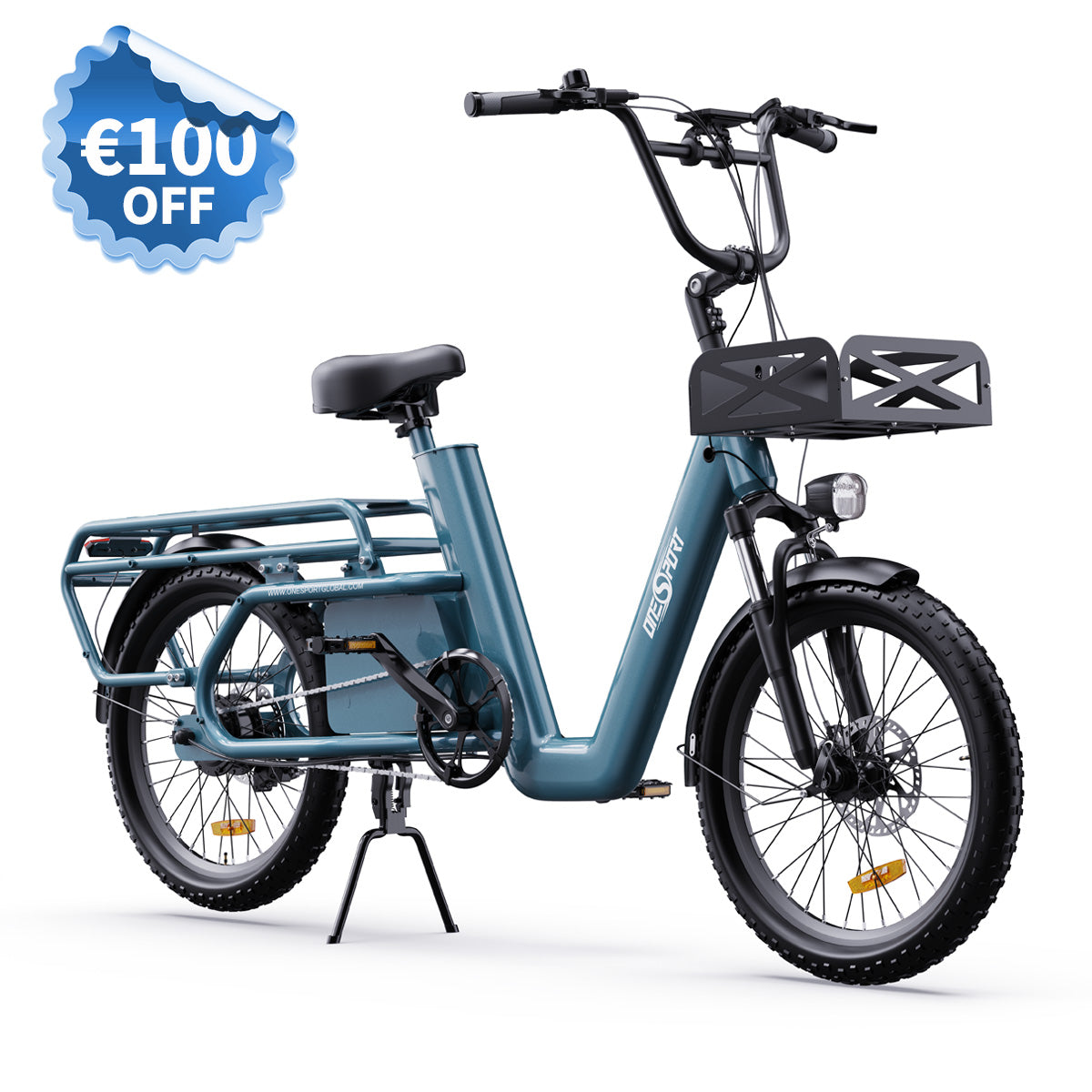 OneSport OT01 Cargo E-Bike with 150kg load capacity, perfect for heavy-duty transport in urban settings.