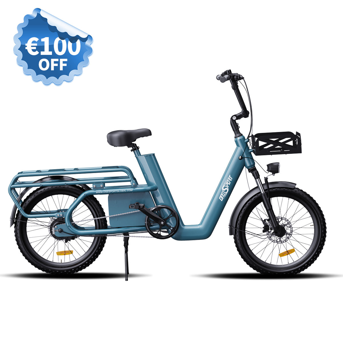 OneSport OT01 Cargo E-Bike, designed for heavy-duty transport with a 150kg load capacity, featuring a robust frame and powerful electric motor for smooth rides on various terrains.